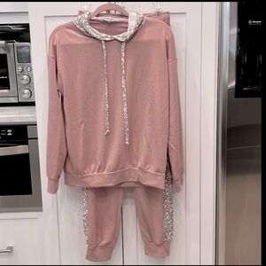 White Birch Dusty Rose and Cream Knit Jogger Lounge Set Size Small